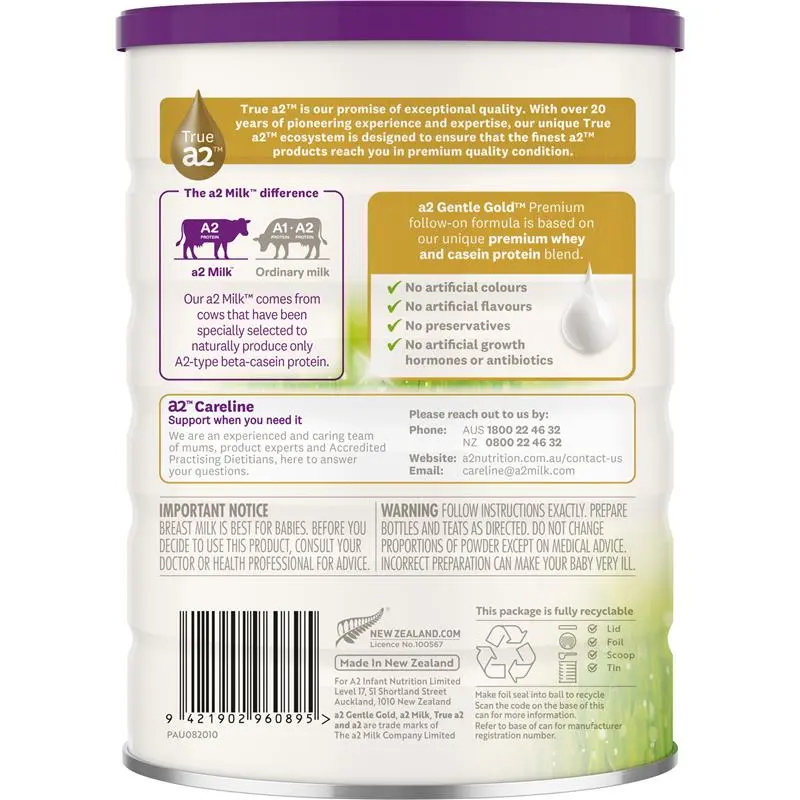 A2 Gentle Gold Premium Follow-on Formula Stage 2 From 6 Months 800g