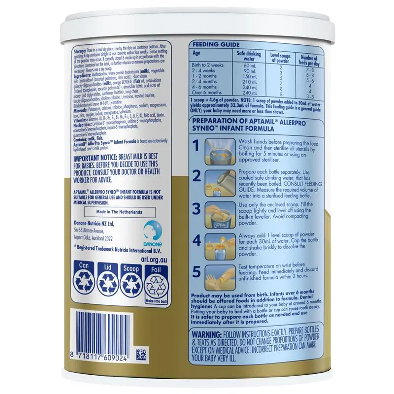 Aptamil AllerPro Syneo 1 Allergy Premium Baby Infant Formula From Birth to 6 Months 900g